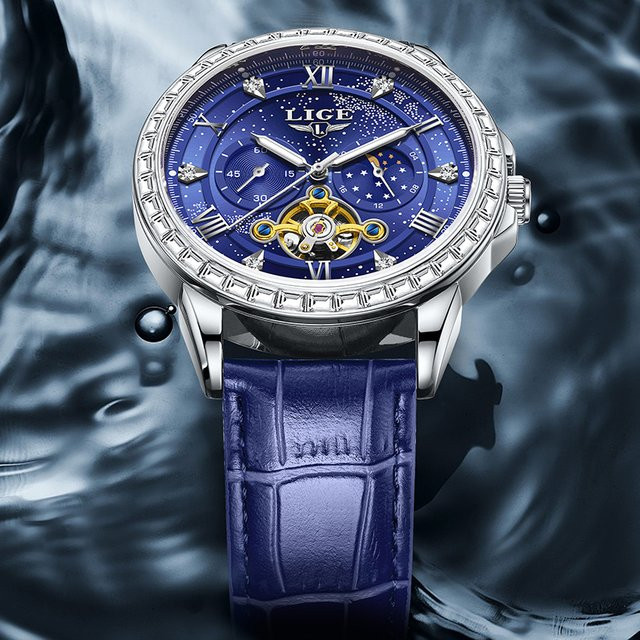 LIGE Armbanduhr, Automatik, Leder, Blau, Herren - Bild 1