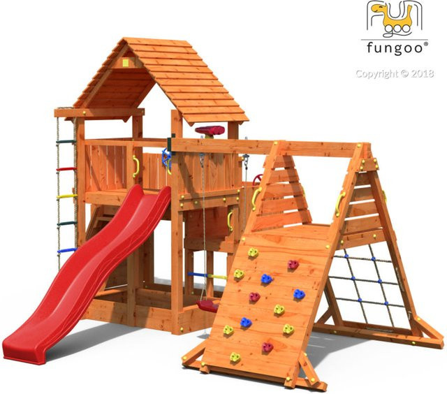 Fungoo Spielturm Big Leader Spider Red in Teak mit Einzelschaukel, Kletterturm, Rutsche und Sandkasten - Bild 1