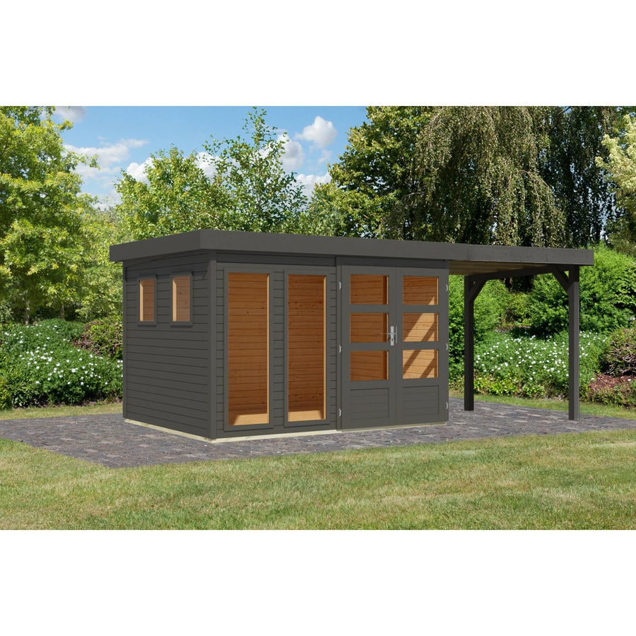 Karibu Gartenhaus Maradi 5 aus Massivholz mit Anbaudach in Terragrau B: 298 cm, T: 211 cm, H: 242 cm - Bild 2