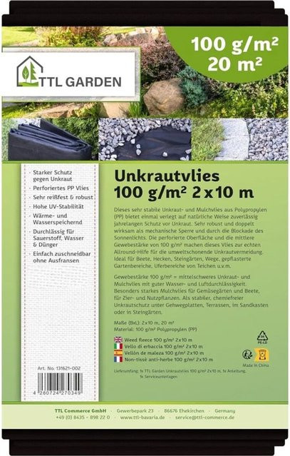 TTL GARDEN Unkrautvlies Schwarz 2x10m (20m²) mit 100g/m², UV-stabil und wasserdurchlässiges Mulchvlies für Beet, Wege und Terrasse - Bild 1