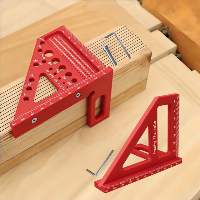 JIGHOLE Metrisches Gehrungsdreieck-Lineal aus Kunststoff in Rot für die Holzbearbeitung und als 3D-Mehrwinkel-Messwerkzeug - Bild 1