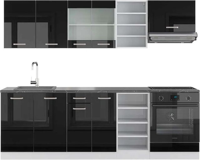 Vicco R-Line Küchenzeile in Schwarz Hochglanz und Weiß, Breite: 240 cm - Bild 1