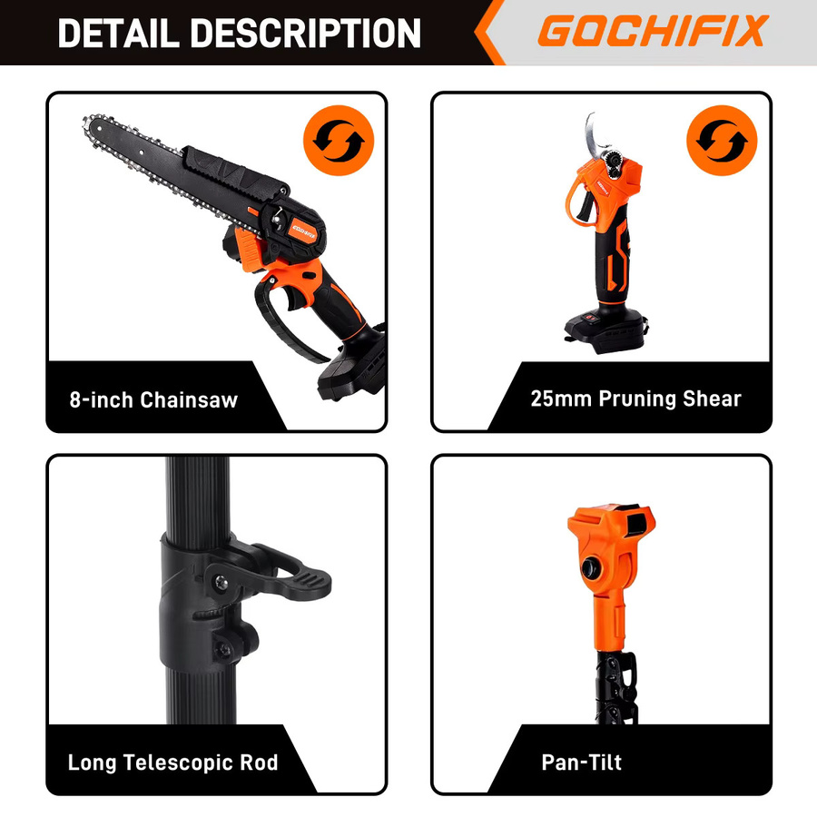 Drillpro Akku Astschere mit 8 Zoll Bürstenloser Kettensäge und 2m Teleskopstange, Orange - Bild 4