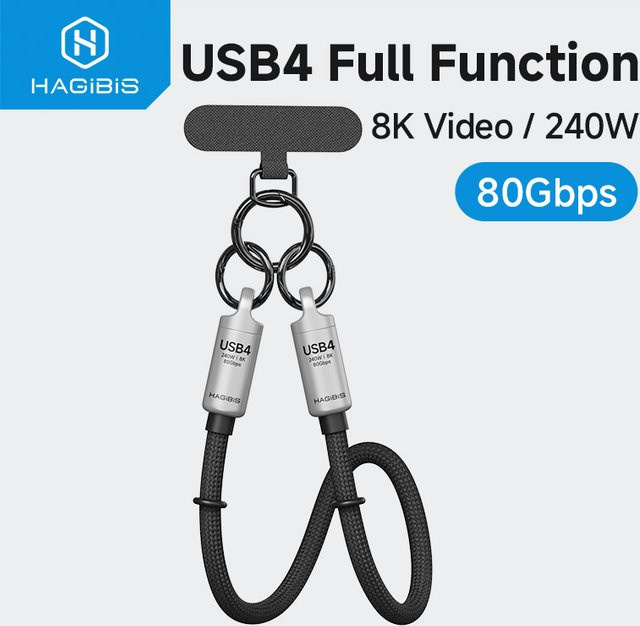 Hagibis USB4-Telefon-Lanyard-Kabel USB-C auf USB-C, 240 W, 80 Gbit/s, für Thunderbolt 4/5 und iPhone 17 Pro SSD, Schwarz/Silber - Bild 1