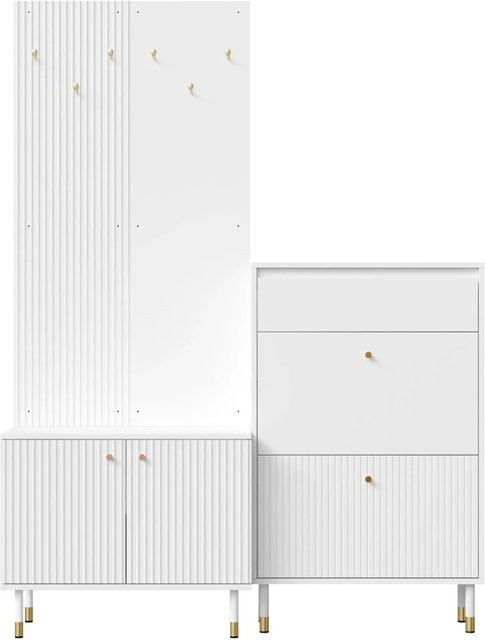 PXloue Garderobenwand mit Klapp-Schuhschrank und zweitürigem Staurschrank in Weiß, H 180,0 x B 180,0 x T 44,7 cm - Bild 1