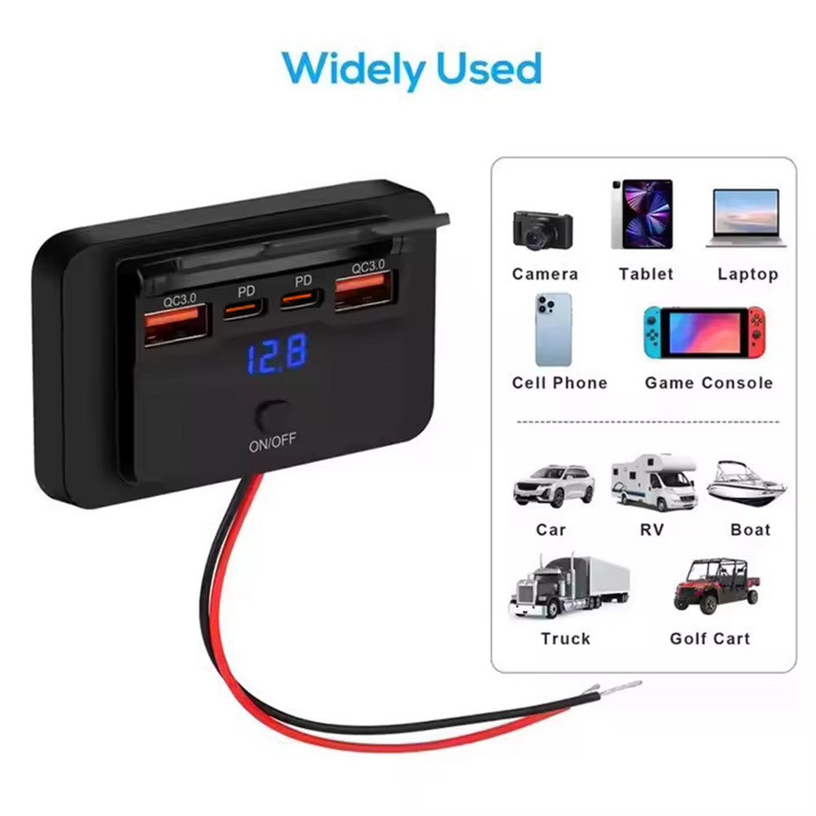 Auto-Ladeadapter mit Schalter und 4 Anschlüssen in Schwarz, 12V/24V, PD QC3.0 Schnellladegerät als USB-Verteiler für Auto, Bus, Wohnmobil, LKW und Motorrad - Bild 5