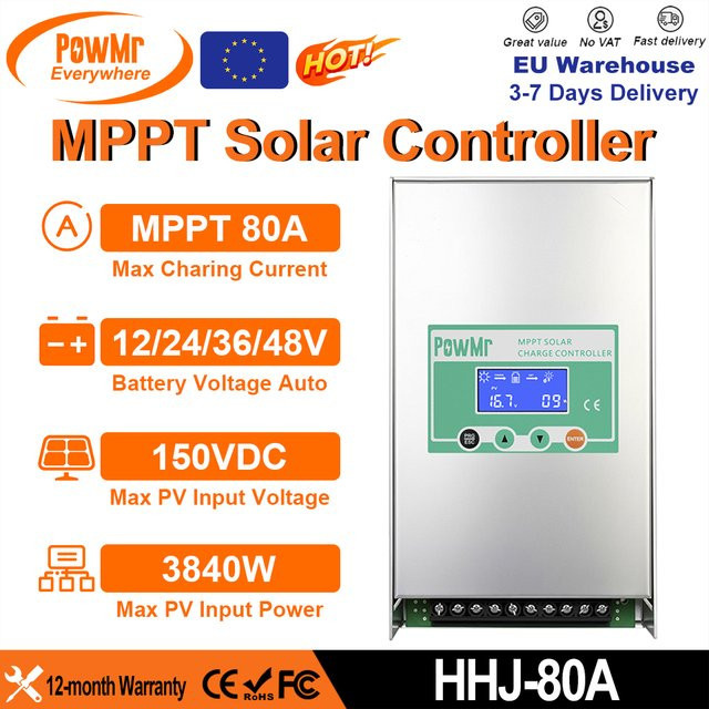 PowMr 80A MPPT Solar Laderegler für Blei- und Lithiumbatterien, 12V/24V/36V/48V, max. PV-Eingang 1200W/2400W/3600W/3840W, PV-Spannung 20-150V mit LCD-Display und Schutzfunktionen - Bild 1