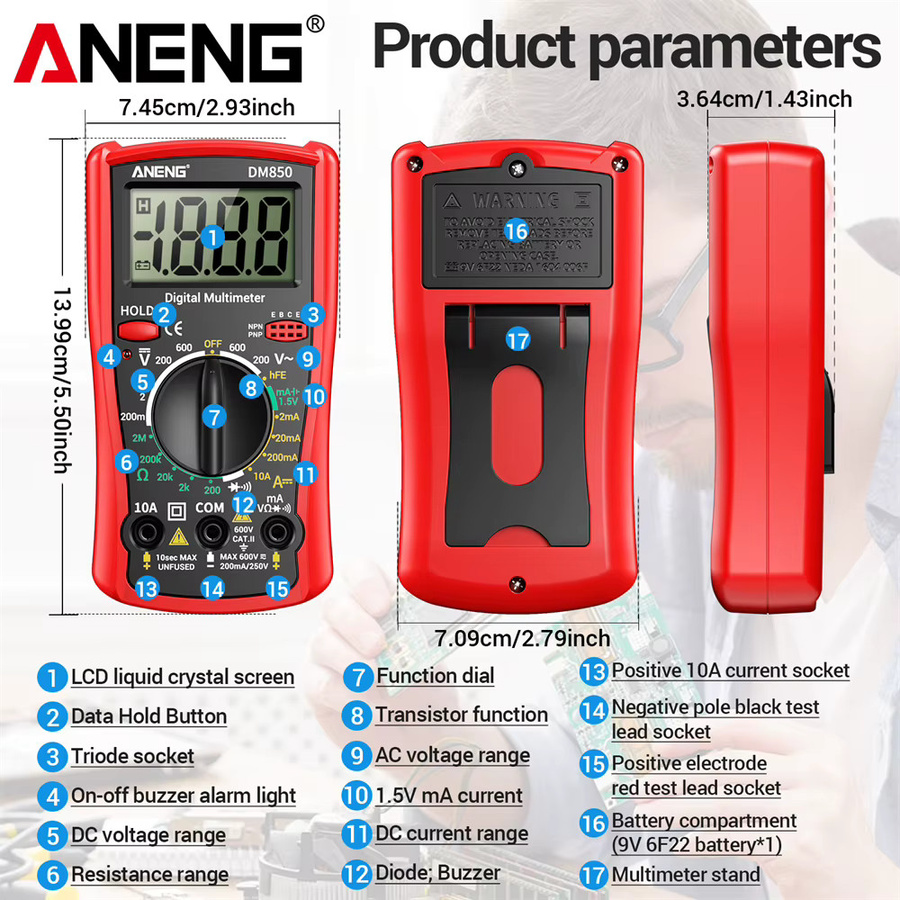 ANENG DM850 Professionelles Digitales Multimeter als AC DC Voltmeter Amperemeter und Ohm Meter für Dioden- und Transistor-Tests - Bild 3