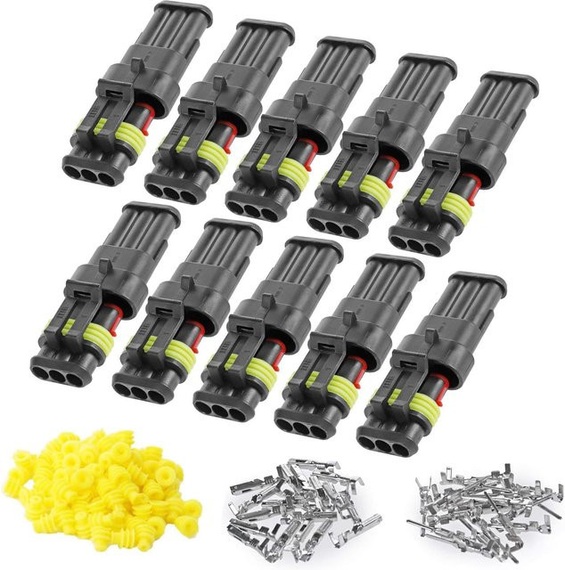 AOKIN 10er-Set Wasserdichte 3-Pin-Steckverbinder für 20-16 AWG Kfz-Kabel, Elektrische Stecker und Buchsen in Schwarz - Bild 1