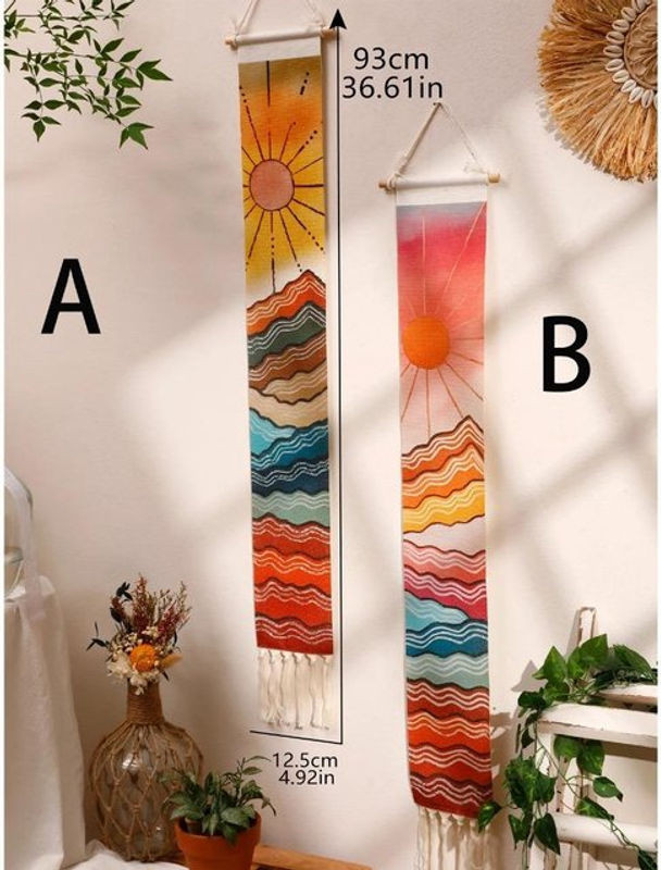 SEEQS Makramee Wandbehang mit Berg- und Sonnenuntergang Motiv in Boho-Stil, mehrfarbig, quadratisch - Bild 1