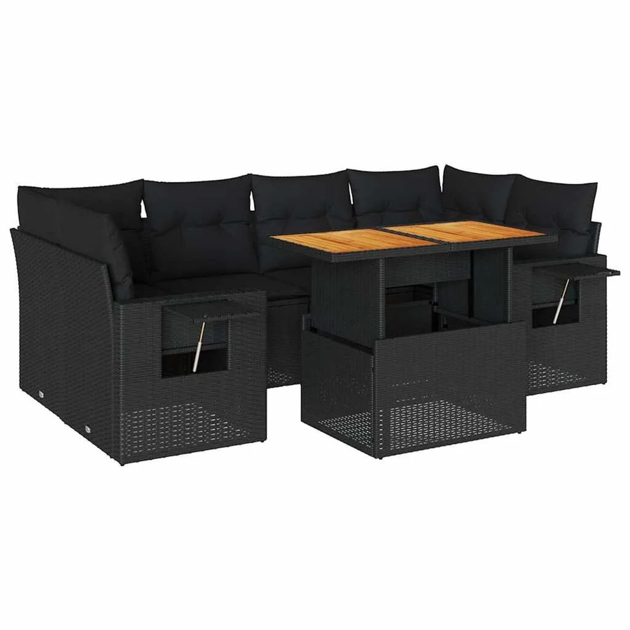 vidaXL 7-teilige Garten-Sofagarnitur aus Poly-Rattan und Akazienholz in Schwarz mit Kissen - Bild 2