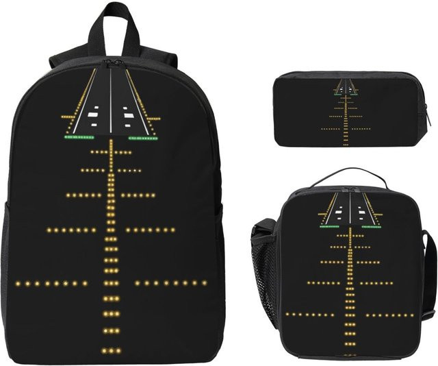 Set aus Rucksack, isolierter Lunchtasche und Federmäppchen mit Phonetischem Alphabet im Pilot Flugzeug Design, Schwarz, 3-teiliges Schulset - Bild 1