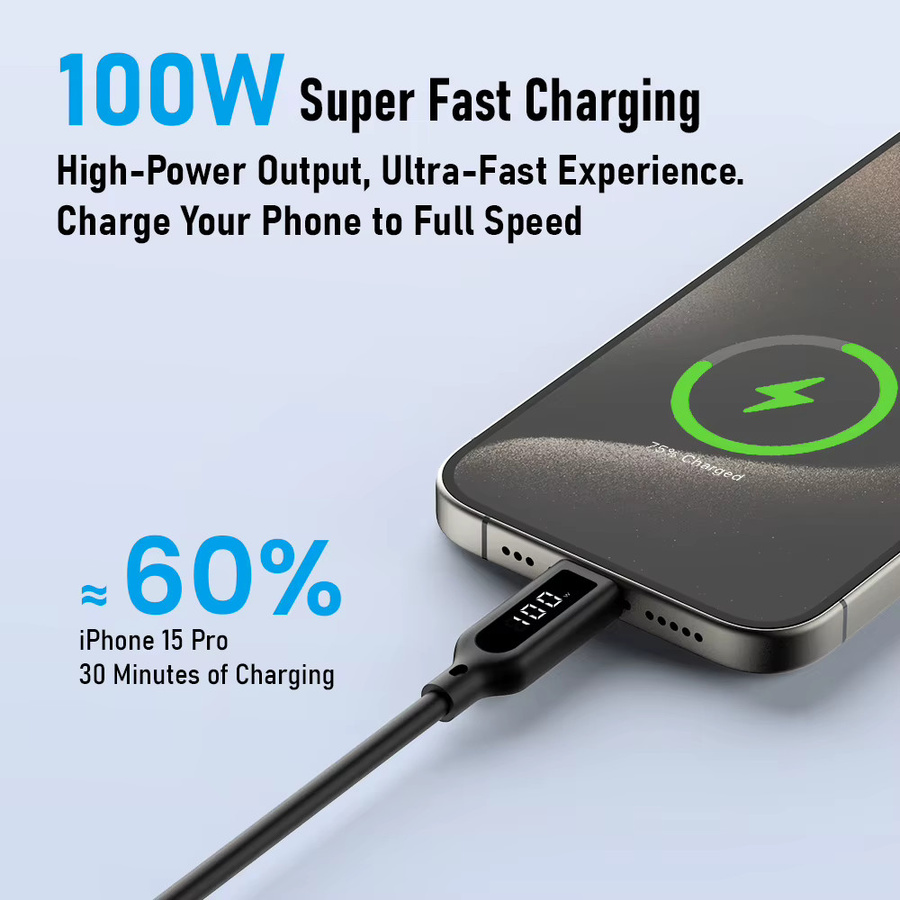 Lemorele USB-C-Kabel mit Digitalanzeige, 100 W Schnellladefunktion und 480 Mbit/s Datenübertragung, Silikonkabel in Schwarz - Bild 4