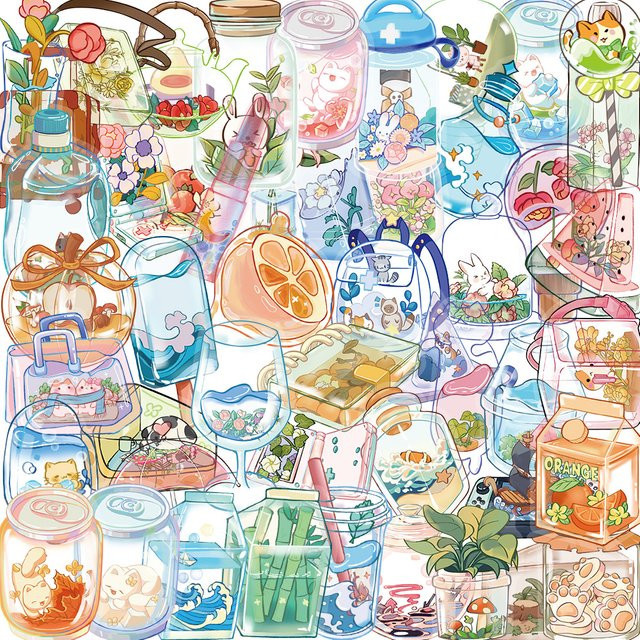 50 Stück Cartoon Aufkleber Transparent aus PET für DIY Dekoration und Geschenkverpackungen, Mehrfarbig - Bild 1