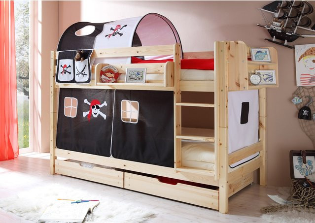 TiCAA Etagenbett Marcel aus massiver Kiefer Natur in Braun mit Hausrahmen-Design - Bild 1