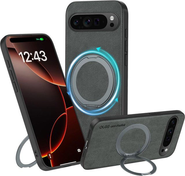 Luxuriöse Lederhülle mit MagSafe Magnetständer für Google Pixel 9, 9 Pro, XL, 8, 7 in Grau - Bild 1