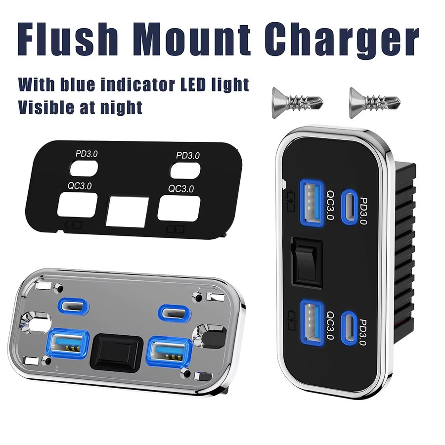 kebidumei USB-Steckdose mit 4 Ports für Auto und Marine, Dual PD3.0 USB-C und Dual Quick Charge 3.0 Schnelllade-Buchsenpanel, Schwarz, 12V-24V - Bild 5
