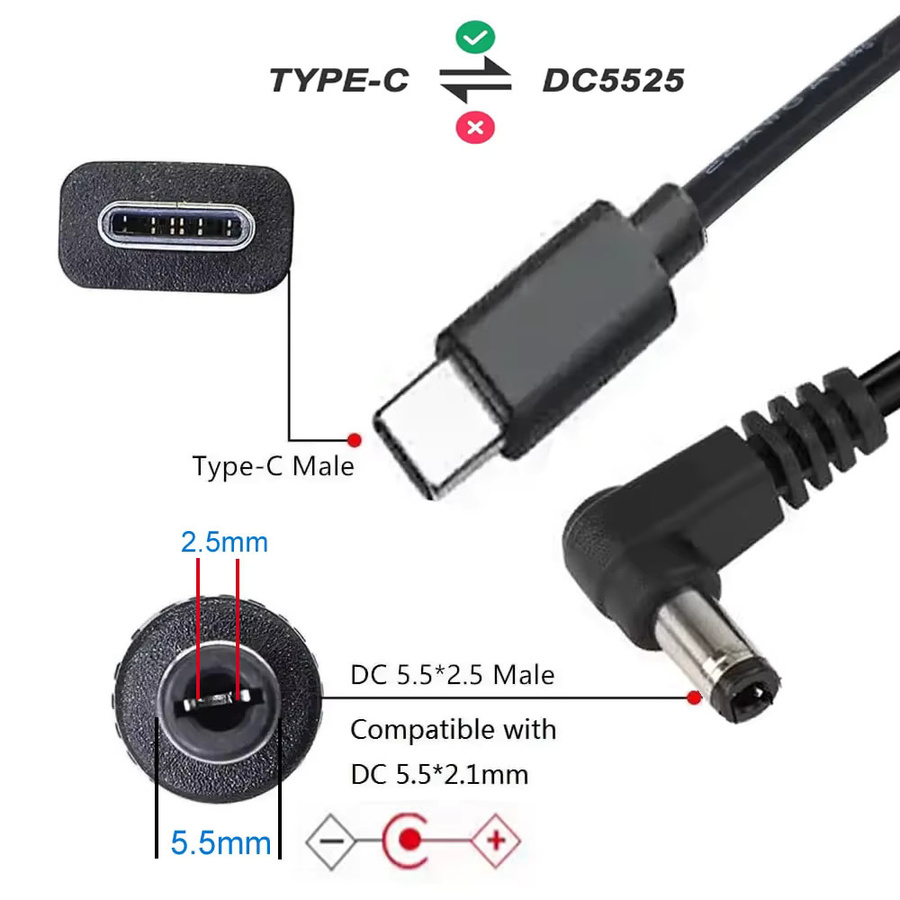 PD 100 W USB-C auf DC Ladekabel in Schwarz, Spiralkabel mit 5,5 x 2,5 mm Anschluss für Laptop-Schnellladung - Bild 3
