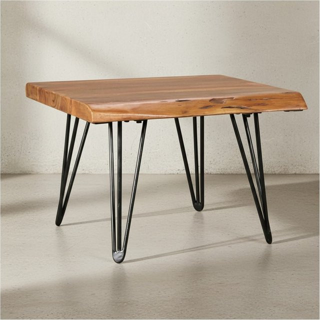 KADIMA DESIGN Couchtisch aus Massivholz Sheesham mit Baumkante und Haarnadelbeinen in Braun, B/T/H: 51 x 38 x 56 cm - Bild 1
