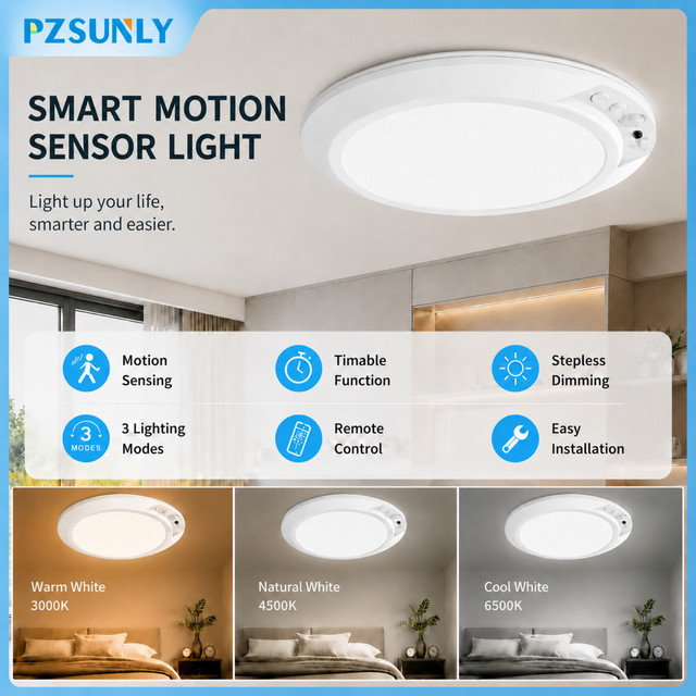 Pzsunly Runde LED-Deckenleuchte mit Bewegungssensor und Fernbedienung, Magnetische USB-Aufladbare Nachtlampe in Weiß für Treppen, Schlafzimmer und Schrank - Bild 1
