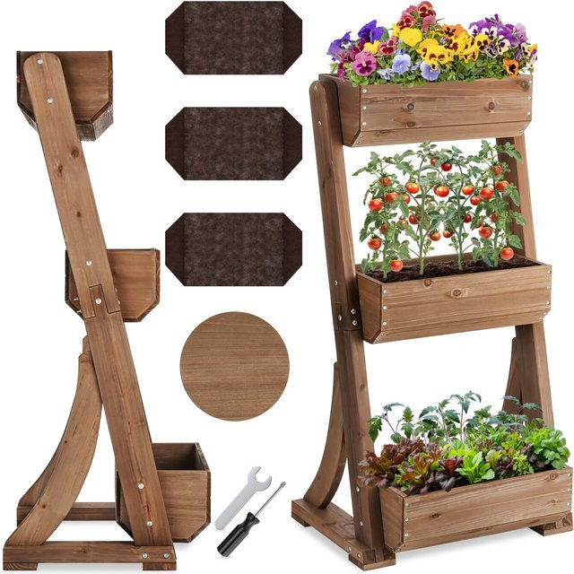 tectake Vertikalbeet Flora aus lackiertem Tannenholz in Braun mit 3 Etagen und Pflanzvlies, B/T/H: 60 x 49 x 140 cm - Bild 1