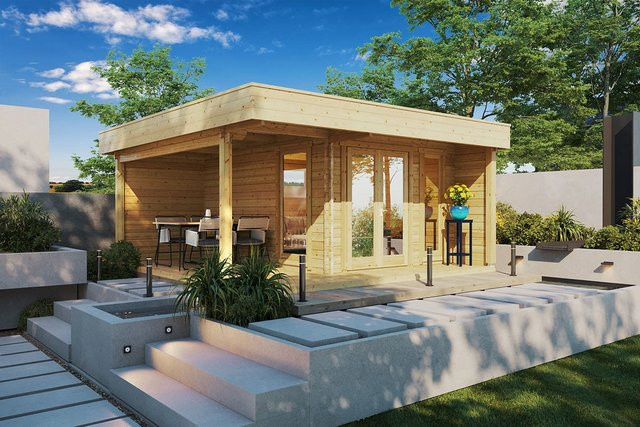 Gartenhaus Hansa Lounge mit Terrasse 5x5m Modernes Gartenbüro mit Veranda - Bild 1