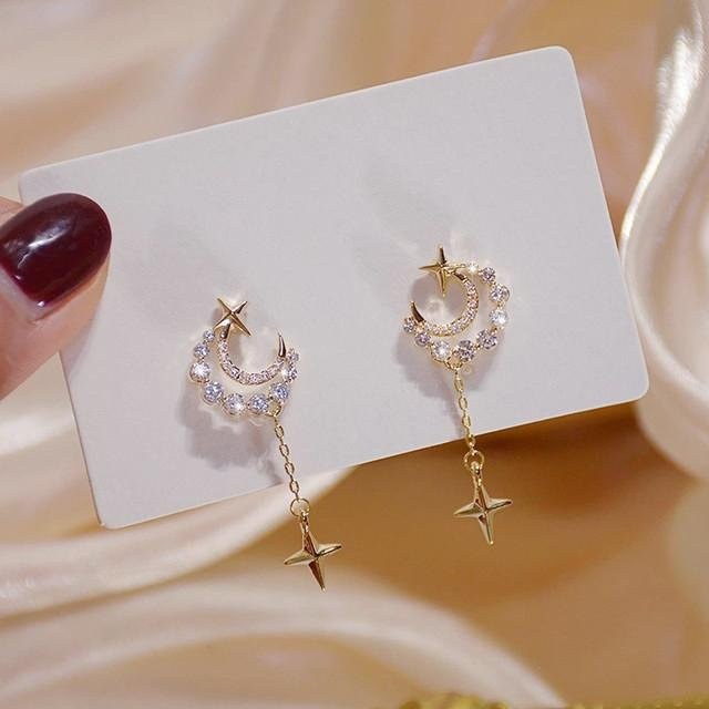 Wucifang Jewelry Ohrringe, Mond und Stern, Kupfer, Weiß, Zirkonia, Damen - Bild 1