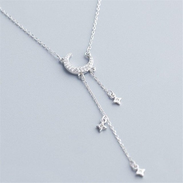 Halskette 925 Sterlingsilber, Quaste, Zirkon, Stern, Mond, Damen, grau - Bild 1