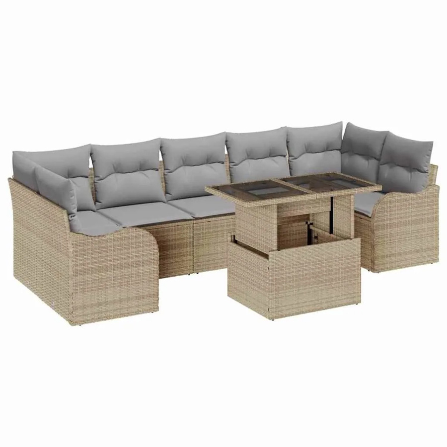 vidaXL Garten-Sofa-Set aus Poly Rattan in Beige, 8-teiliges L-Shape Lounge-Set mit Kissen und integriertem Stauraum - Bild 2