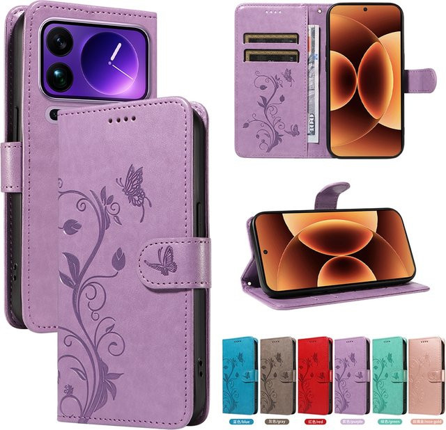 Xiaomi Handyhülle aus Leder mit Schmetterlings-Blumen-Design in Lila für verschiedene Modelle inklusive Kartenfächern und Klappverschluss - Bild 1