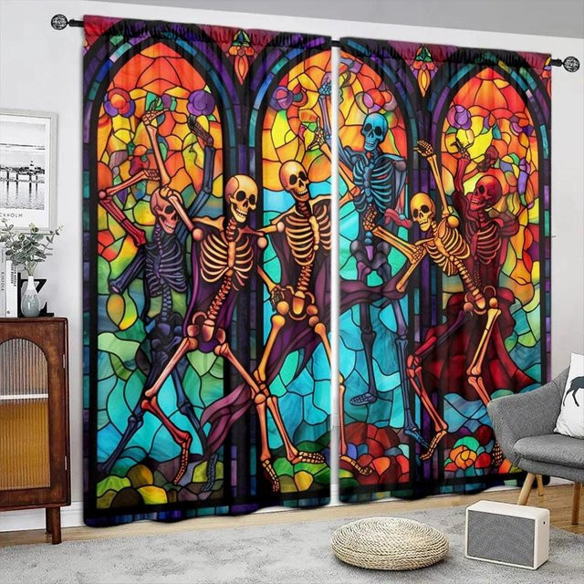 2er-Set bedruckter Vorhang mit Skelettmann-Motiv in Blau und Multicolour, halbtransparent, B: 52,5 cm, H: 116 cm - Bild 1