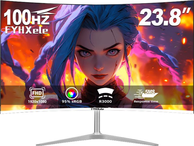 FYHXele Gaming Monitor 24 Zoll, Gebogen, Full HD 1080P, MVA, 100Hz, 2ms Reaktionszeit, Schwarz/Silber, HDMI/VGA, VESA 100x100 mm - Bild 1