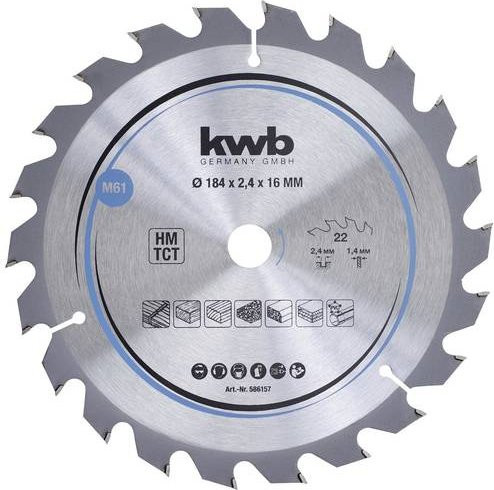 Kwb 586157 Hartmetall Kreissägeblatt für Holz und Kunststoff, Farbe: Silber, Durchmesser: 184 mm, Bohrung: 16 mm - Bild 1