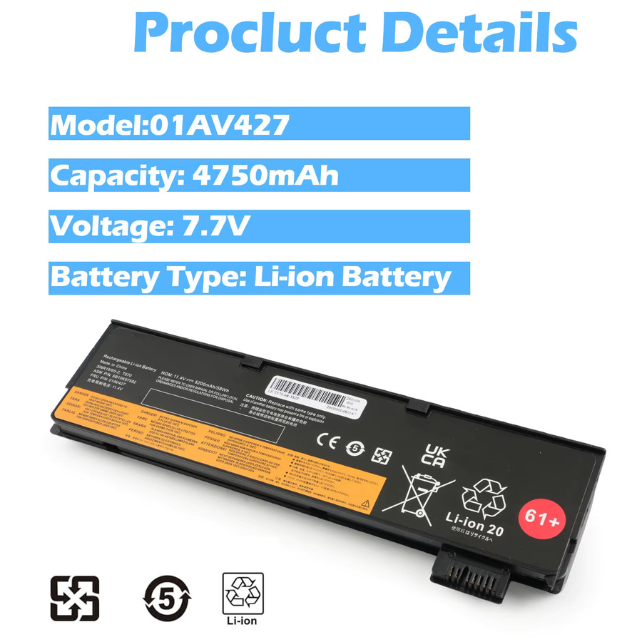 Oyomba Laptop-Akku für Lenovo ThinkPad T470 T480 T570 T580 P51S P52S in Schwarz mit 5200mAh und 11,4V - Bild 5