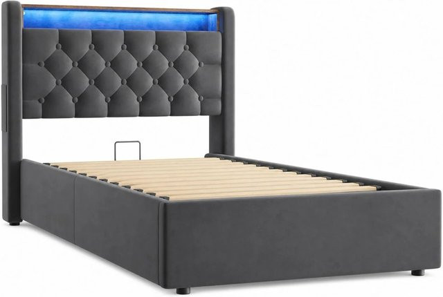 okwish Polsterbett mit LED-Beleuchtung und Bettablage in Dunkelgrau, B/T/H: 90 x 200 cm - Bild 1