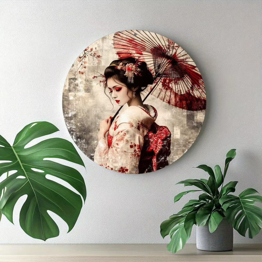 HELLOYOUNG Japanische Geisha Metall-Wandkunst mit Blumenregenschirm, Runde Eisen-Dekoration in Multicolour, Durchmesser: 20,32 cm - Bild 4