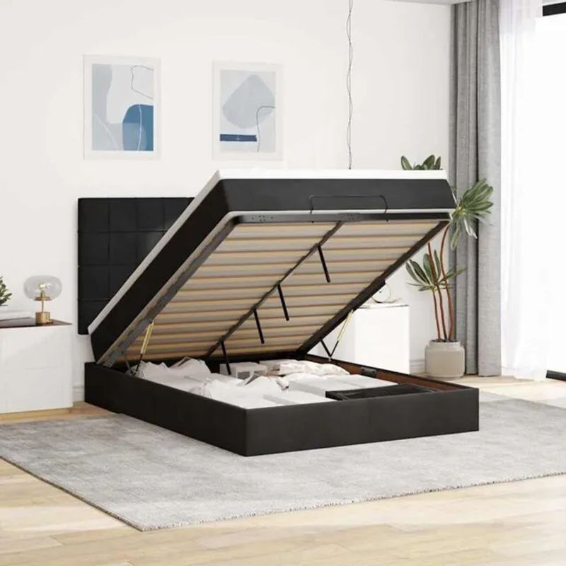 Vidaxl Polsterbett Ottoman mit Matratzen und LED in Schwarz aus Samt, B/T/H: 140 x 200 x 128 cm - Bild 1