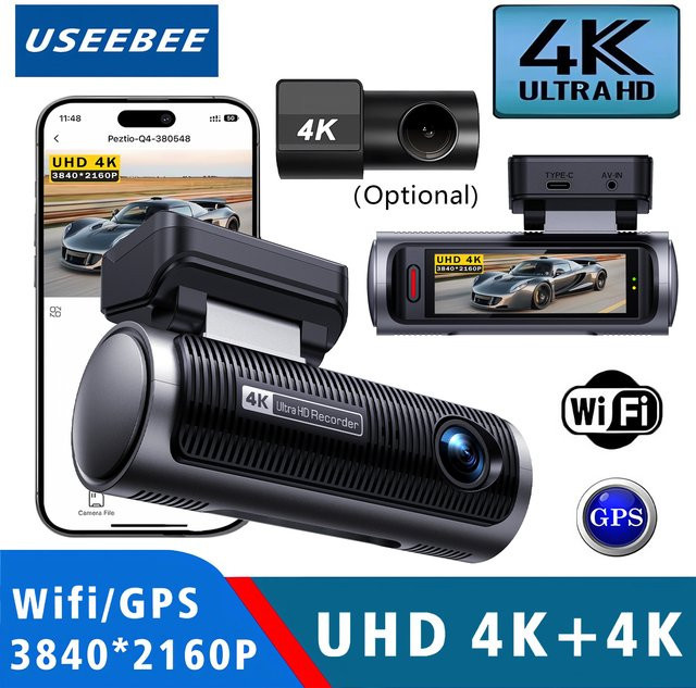 USEEBEE 4K Dual-Objektiv Dashcam mit 5G WiFi und GPS, Black Box Videoaufzeichnung mit Nachtsicht, Schwarz - Bild 1