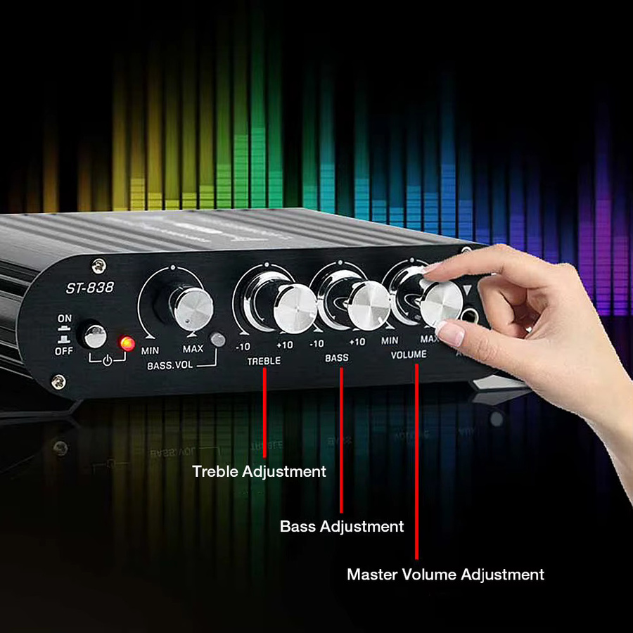 VODOOL ST-838 HiFi 2.1-Kanal Stereo-Leistungsverstärker mit Bass- und Höhenregelung, 80W*2, Schwarz/Silber, für Auto und Zuhause - Bild 2