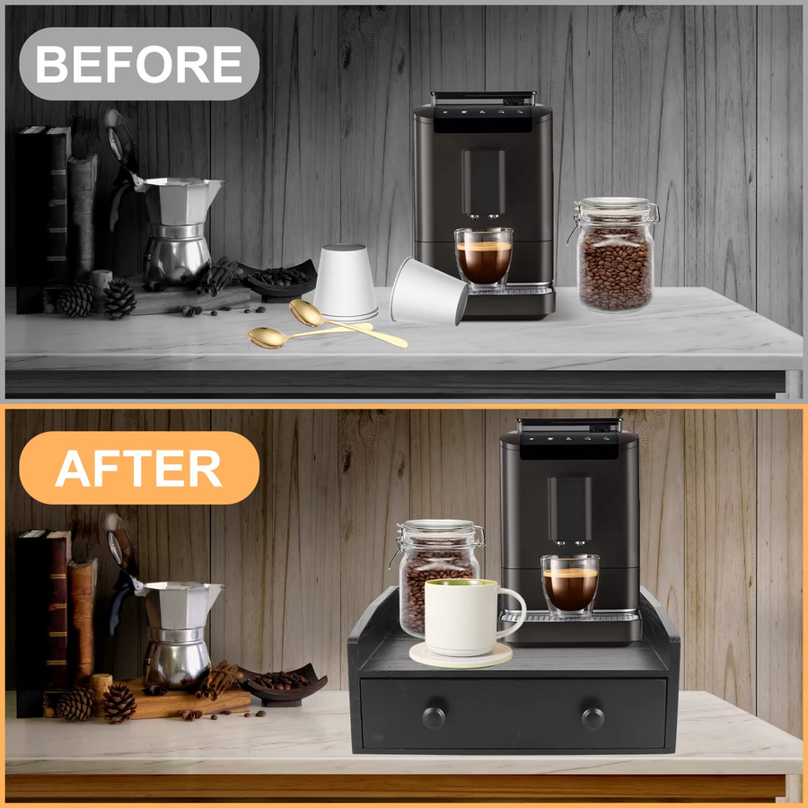 Willstar Kaffeeständer aus Holz in Schwarz mit Schublade, Vintage Kaffeebar-Organizer für dein Home Office - Bild 3