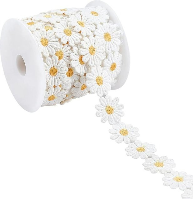 Spitzenband mit Gänseblümchen-Blumenbesatz in Weiß, 1 Rolle mit 6,4 m Länge, Breite: 2,5 cm, Polyester-Blumenband-Applikationen auf Kunststoffspule zum Nähen - Bild 1