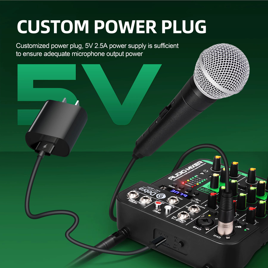 Debra MC-20H UHF 4-Kanal-Audiomixer in Schwarz mit zwei drahtlosen Mikrofonen und Bluetooth 5.0 für Webcasts, Karaoke und DJ-Einsätze - Bild 2
