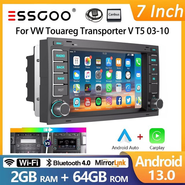 ESSGOO 7 Zoll HD Touchscreen Autoradio Multimedia Video Player mit CarPlay und Android 13 für VW Touareg Transporter T5 Multivan 2003-2015, Schwarz, 64G, GPS und WIFI - Bild 1