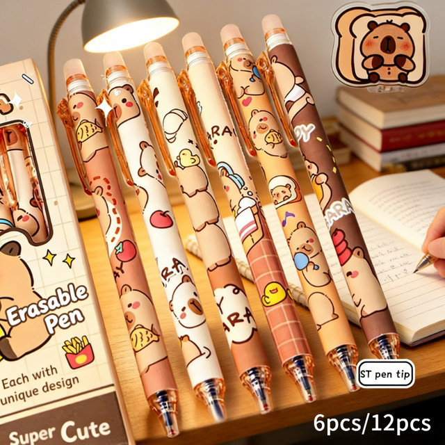 6/12-teiliges Capybara Gelstift-Set, löschbare Tintenstifte in Blau und Mehrfarbig, ästhetisches Briefpapier für Schule und Büro - Bild 1