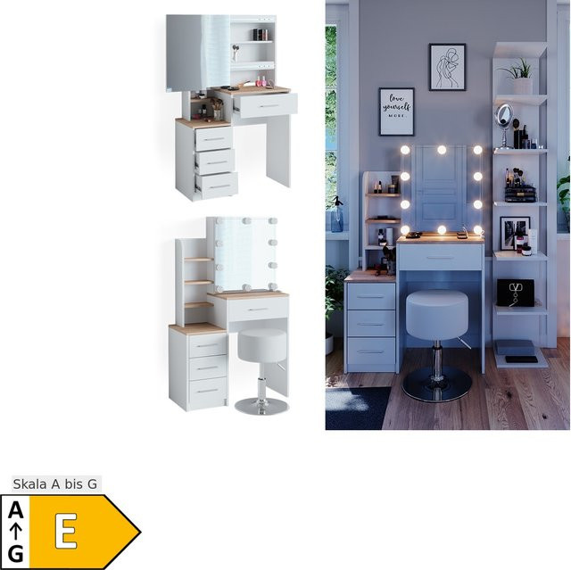 Vicco Schminktisch Conrada mit LED-Beleuchtung und Hocker, Weiß, B: 80 cm, T: 36 cm, H: 131 cm - Bild 1
