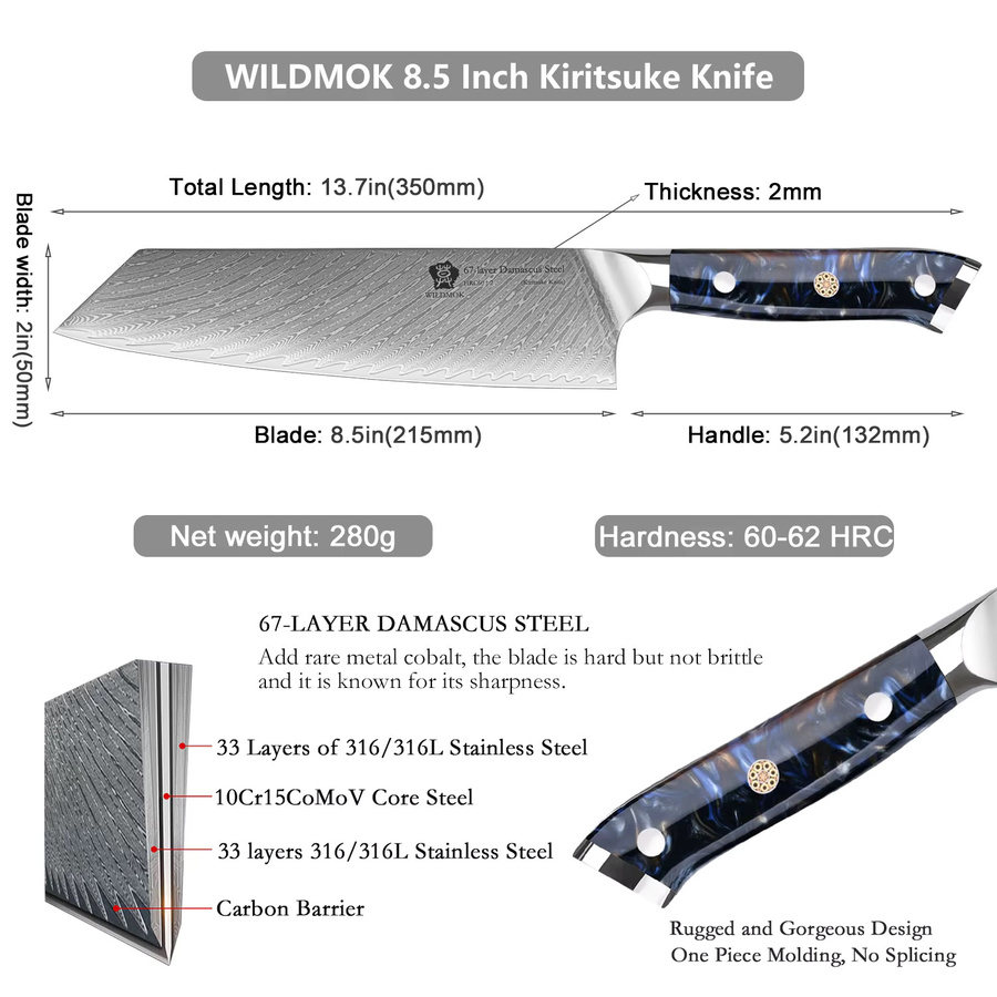 WILDMOK Kiritsuke-Messer aus Damaststahl mit Harzgriff, 21,59 cm Kochmesser - Bild 6