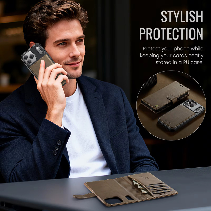 HKNR 2-in-1 Leder-Handyhülle mit abnehmbarer Geldbörse und Buchständer, magnetische MagSafe Kartenhülle für iPhone 17 Air 16 15 14 Plus 13 12 Pro Max, Schwarz und Braun - Bild 3