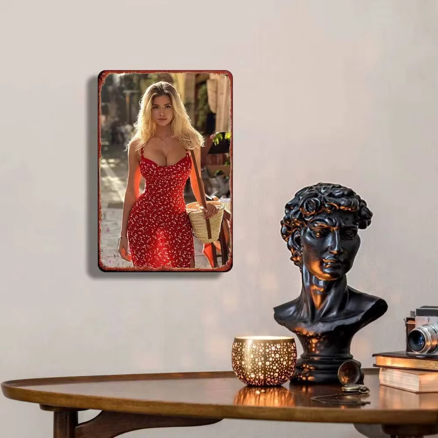 Vintage Wanddekoration aus Metall von CIFBUY mit Blumenmotiv und Porträt einer Frau in Rot, Rechteckig - Bild 5