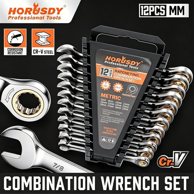HORUSDY 12-teiliges Ratschenschlüssel-Set in Silber, metrische Schraubenschlüssel 8-19mm, vernickelt - Bild 1
