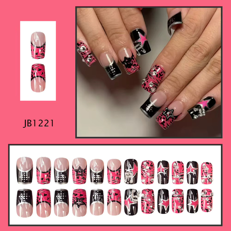 YADORNOS Künstliche Nägel, Pink Black Stars, Glänzend, 24 Stück - Bild 2